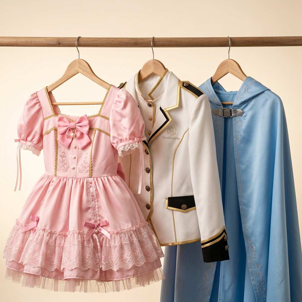 Premium anime-style cosplay costumes on hangers