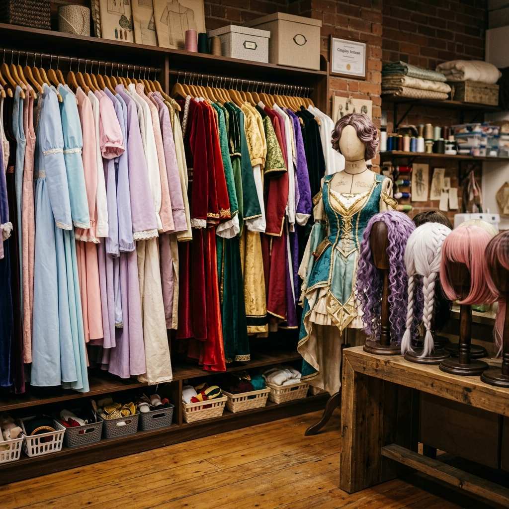 Interior of a premium cosplay specialty boutique with racks of costumes and styled wigs