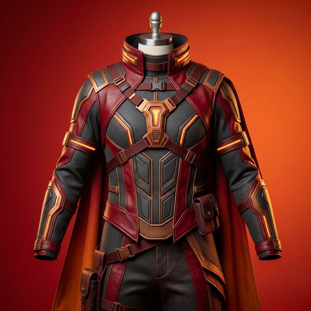 Featured cosplay costume on a vibrant red-orange spotlight backdrop