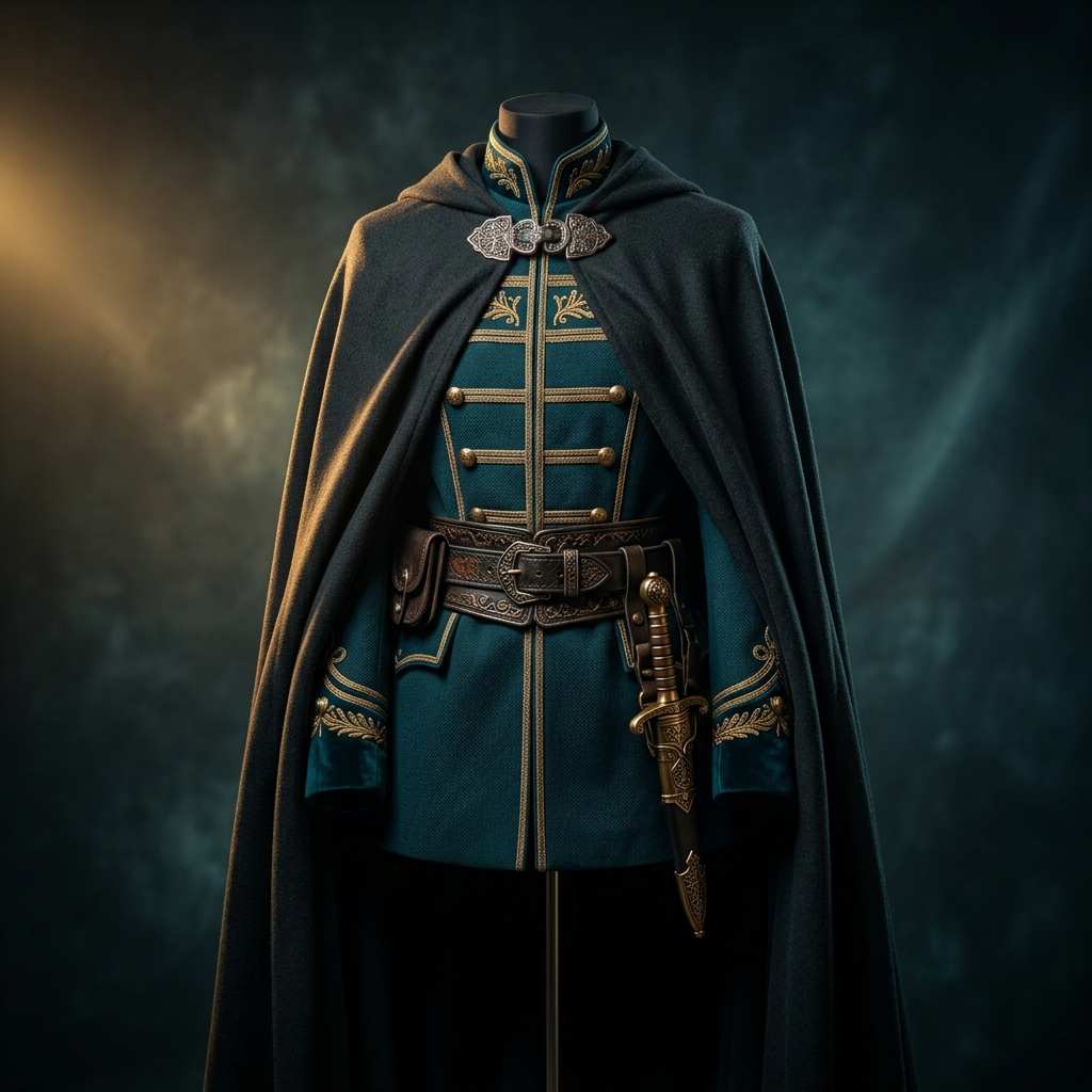 Cinematic movie-and-TV style cosplay outfit on a hidden mannequin