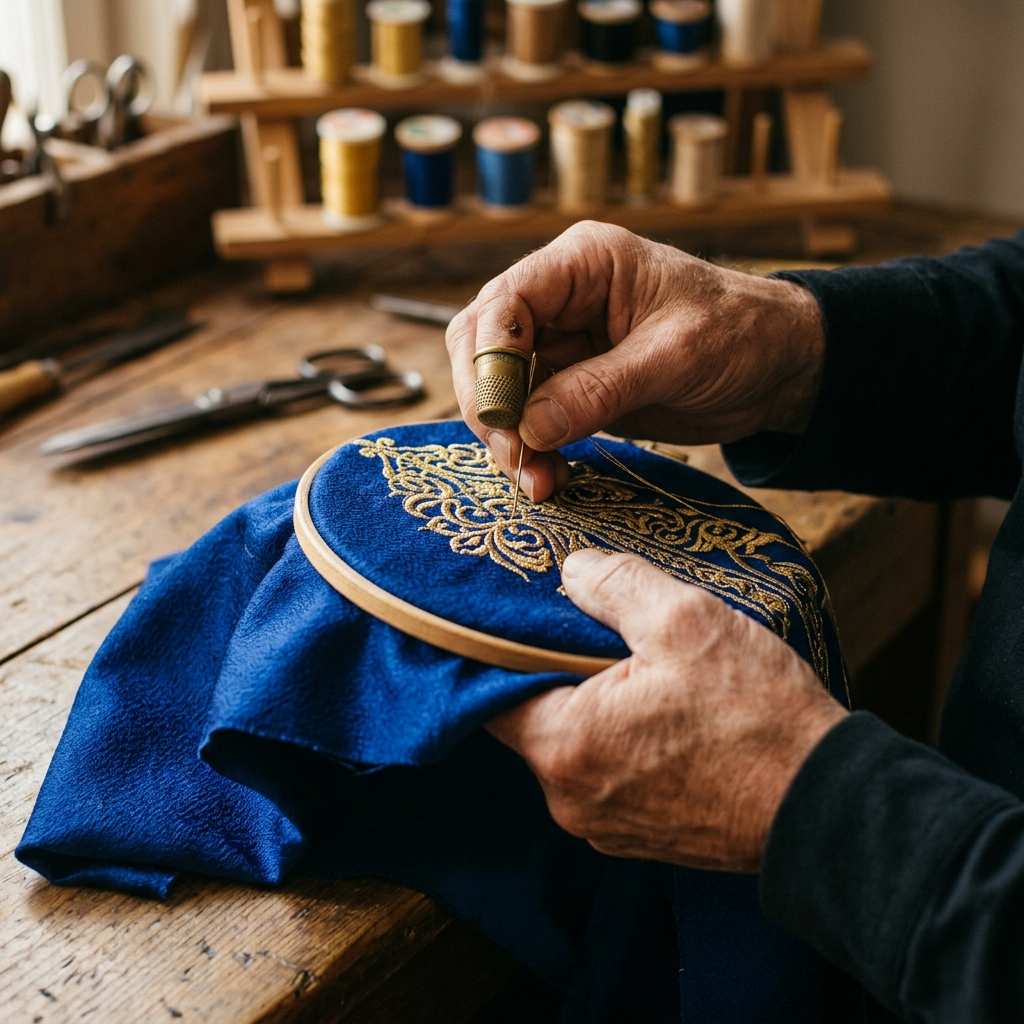 Tailor hands embroidering premium cosplay costume fabric in an atelier
