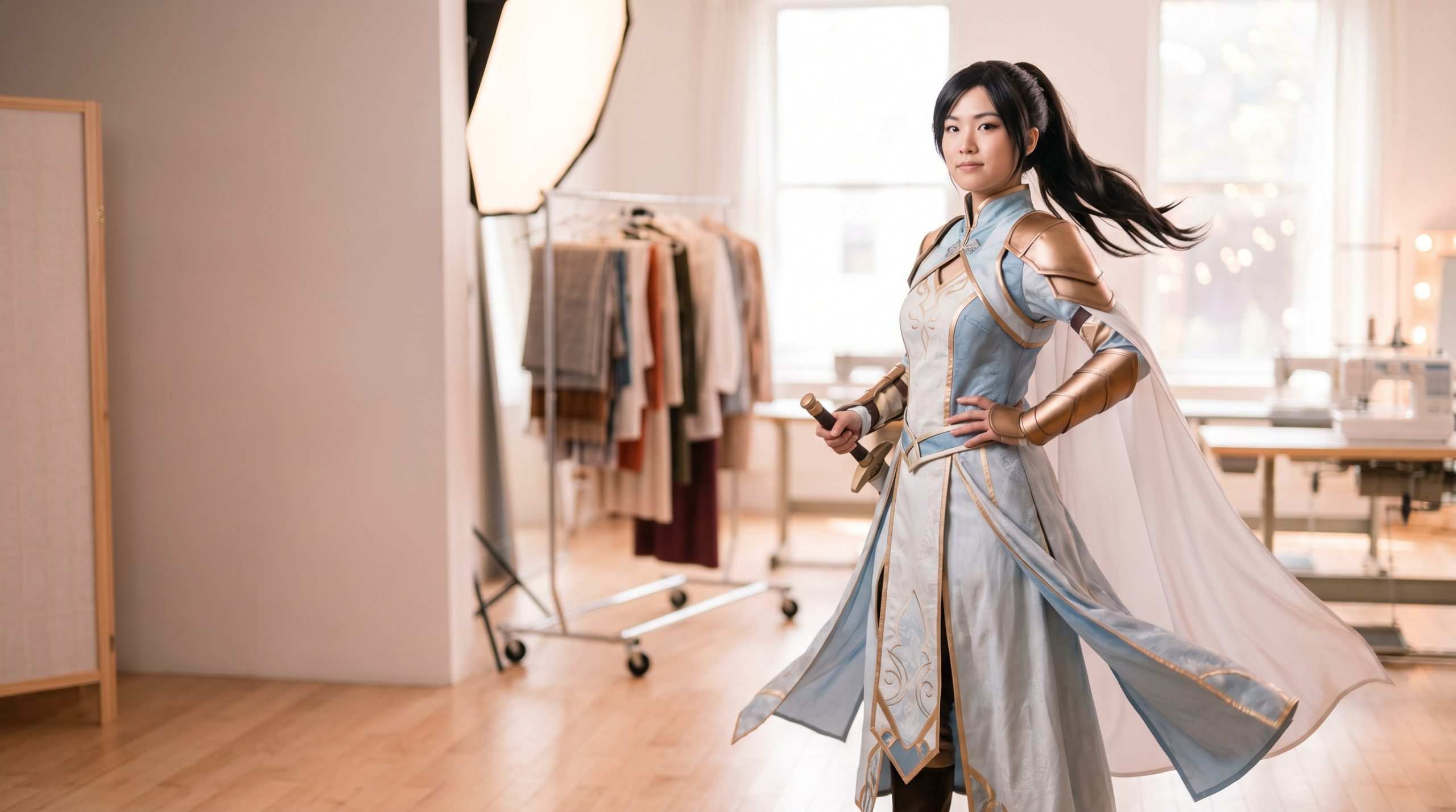 Cosplay model in a flowing costume, confident hero pose, soft daylit atelier behind