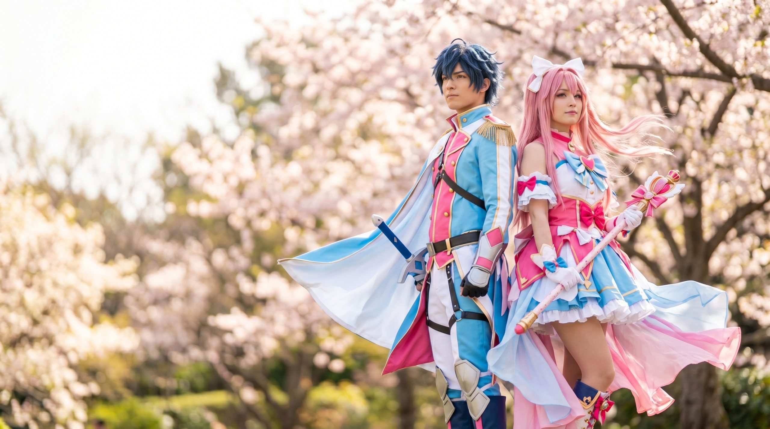 Two cosplayers in original anime-inspired magical-girl and shounen-hero costumes in a pastel garden