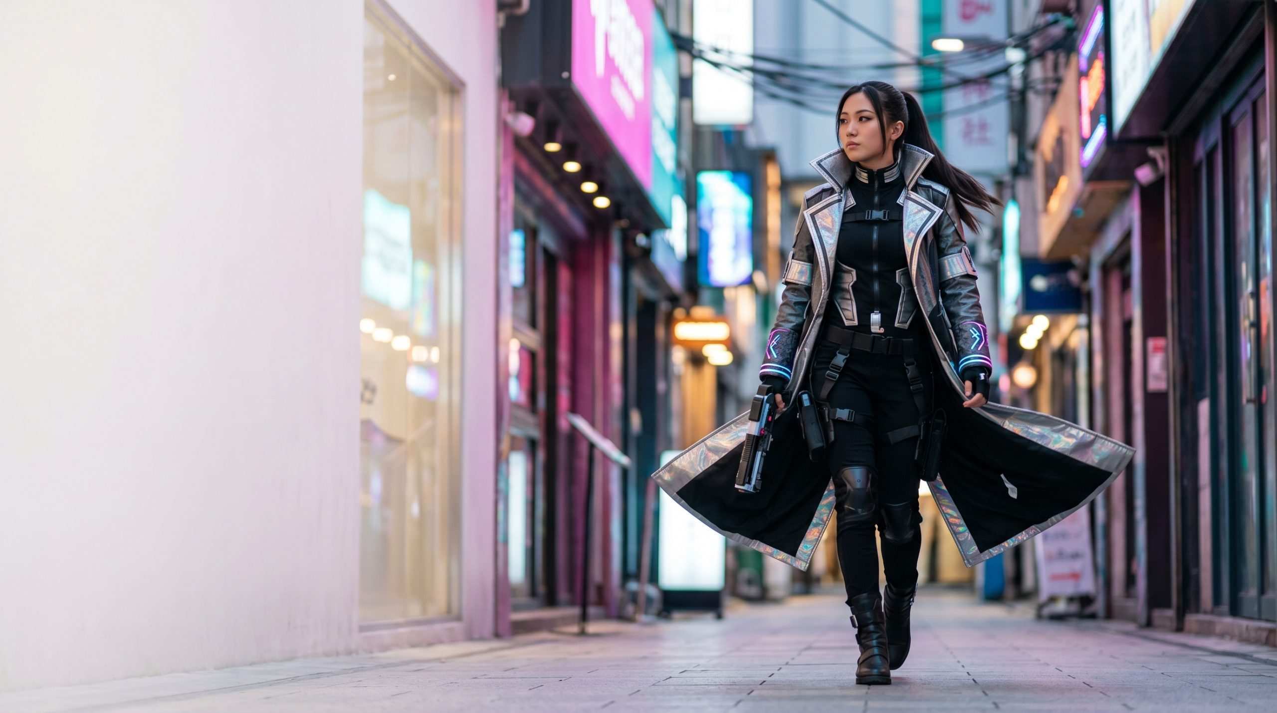 Cosplayer in an original futuristic gamer-inspired tactical coat with subtle glowing rune accents