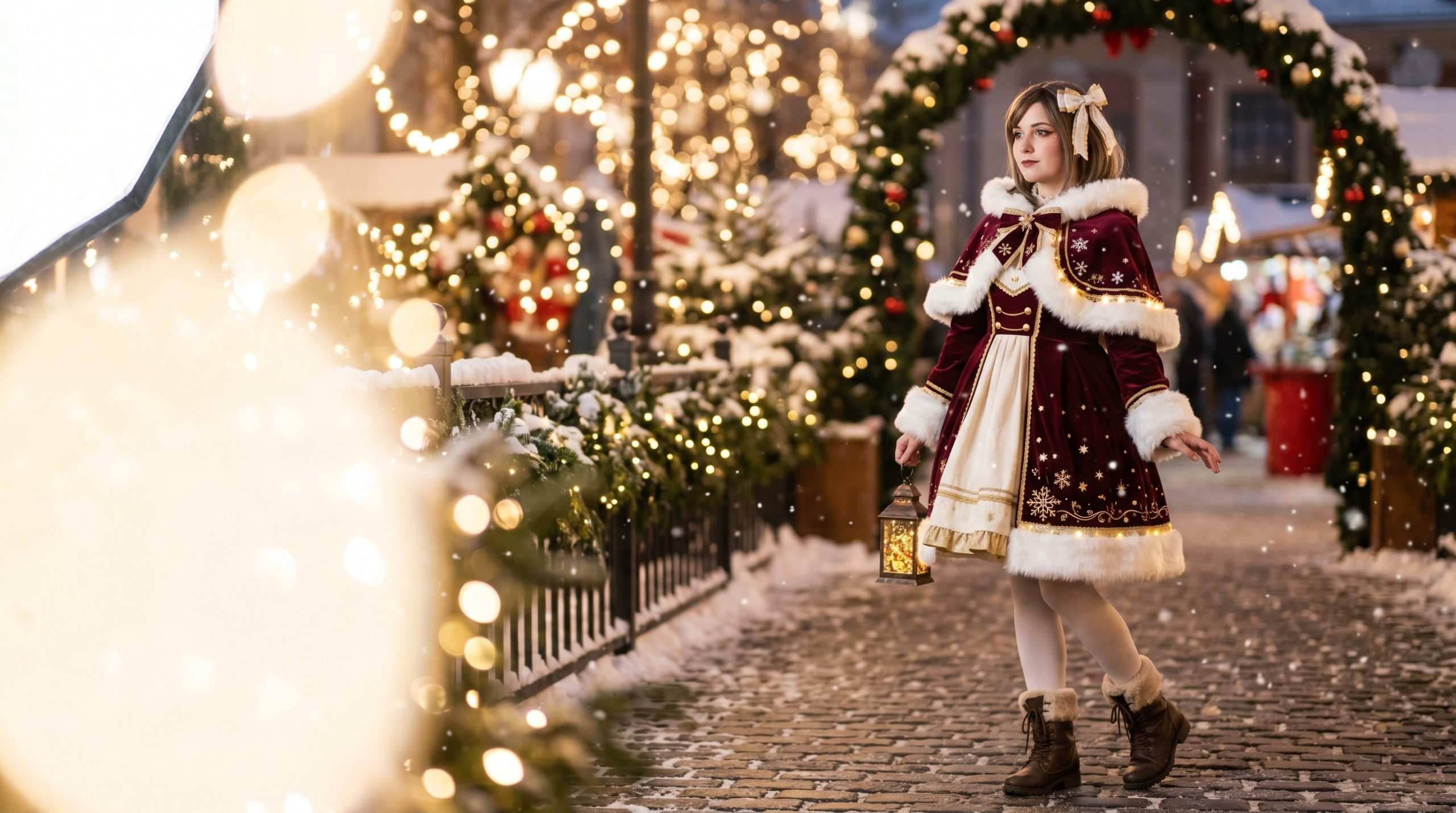 Cosplayer in an original festive winter-themed costume with warm holiday bokeh behind