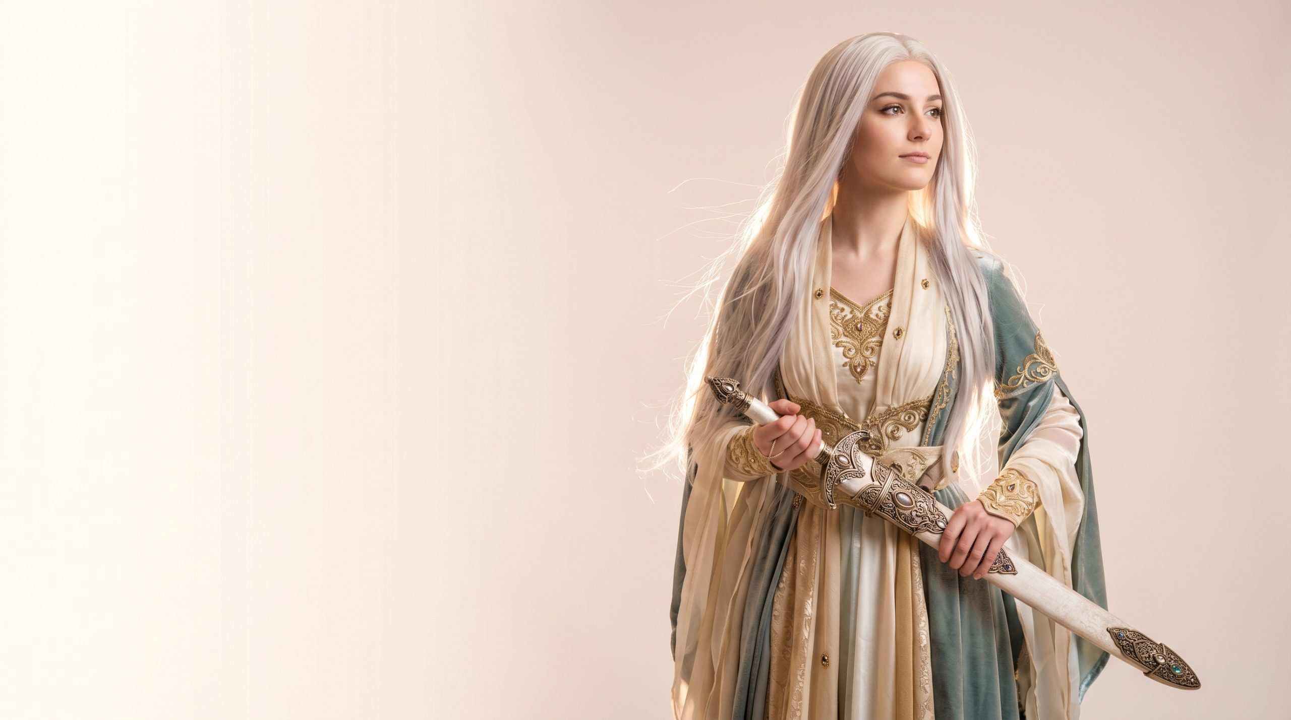 Cosplayer with flowing high-fantasy silver wig holding an ornate cosplay prop