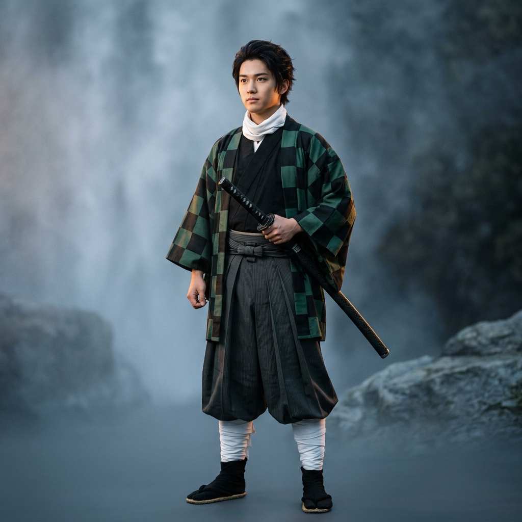 Cosplayer in an original taisho-era kimono costume inspired by Demon Slayer