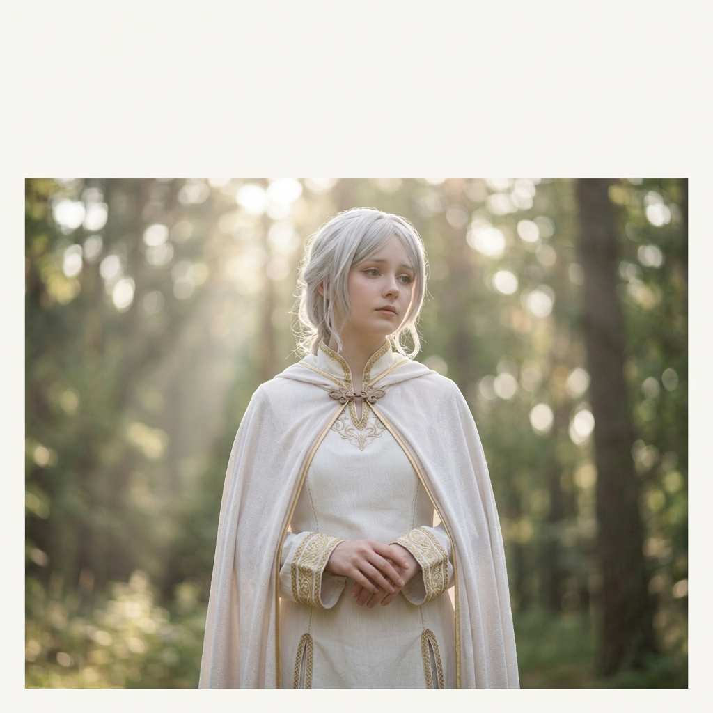 Cosplayer in an original high-fantasy mage robe inspired by Frieren