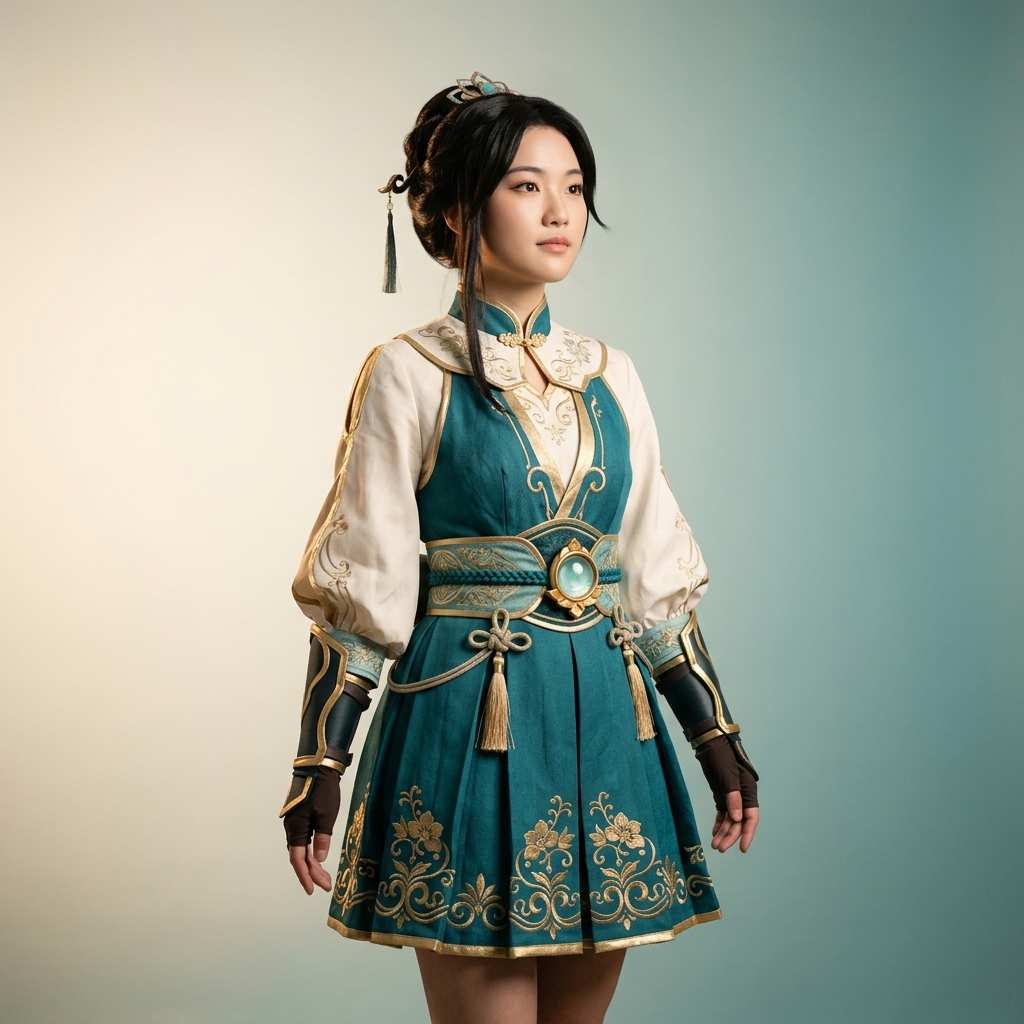 Cosplayer in an original costume inspired by the Genshin Impact aesthetic