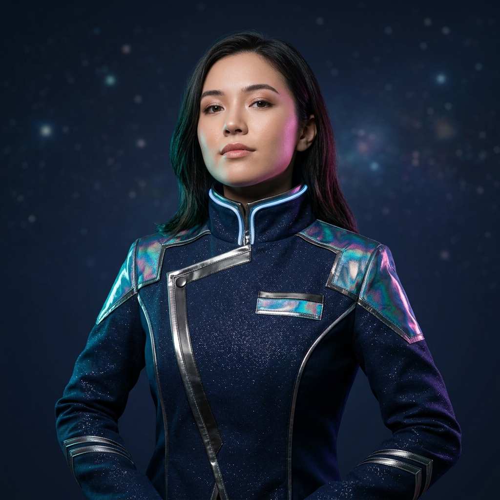 Cosplayer in an original futuristic uniform inspired by Honkai: Star Rail
