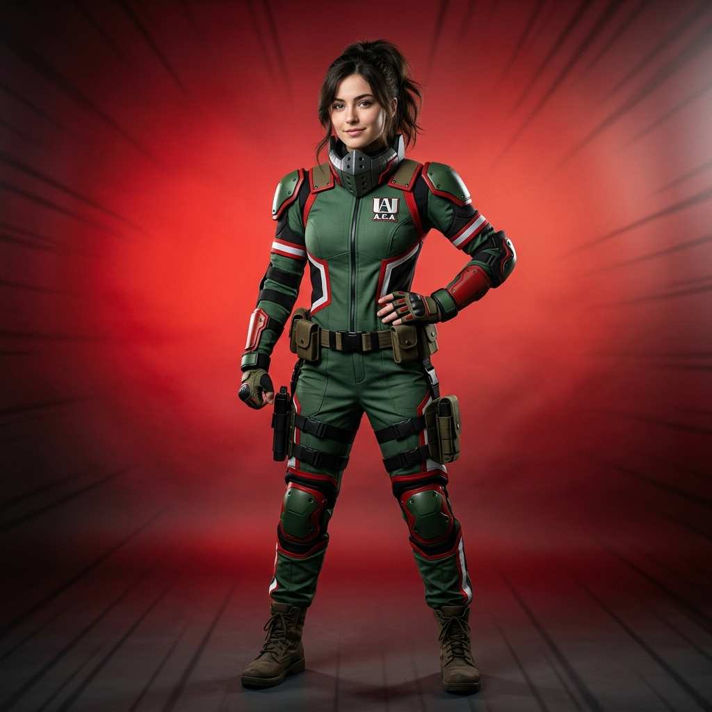 Cosplayer in an original superhero academy uniform inspired by My Hero Academia