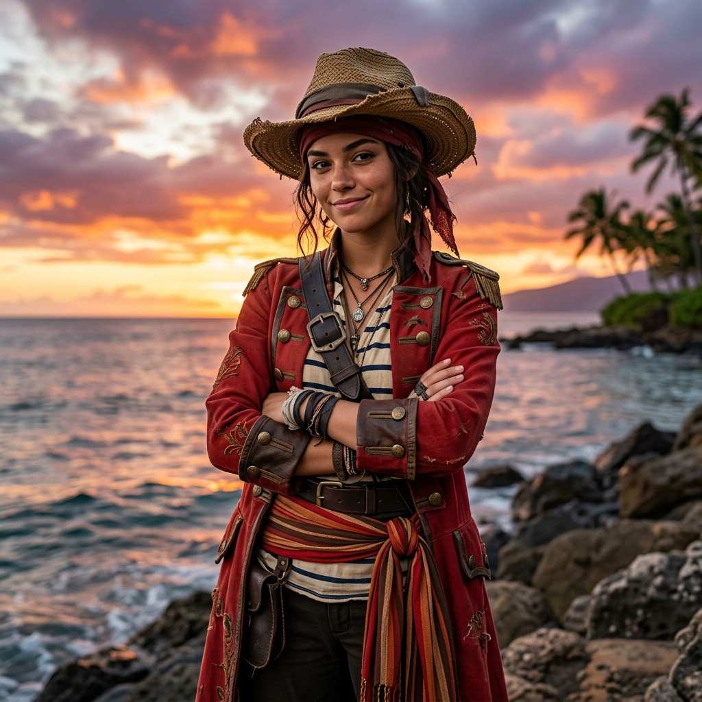 Cosplayer in an original pirate costume inspired by the One Piece aesthetic