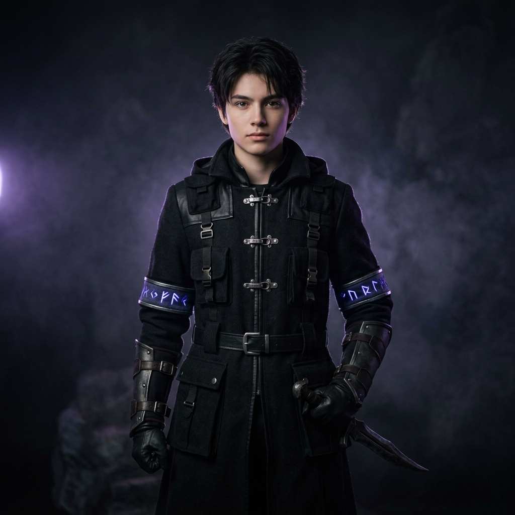 Cosplayer in an original dark-fantasy hunter outfit inspired by Solo Leveling